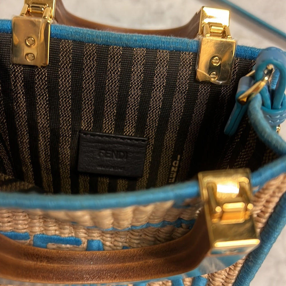 Fendi Sunshine Mini Straw Shoulder Bag Natural Blue - Picture 11 of 14